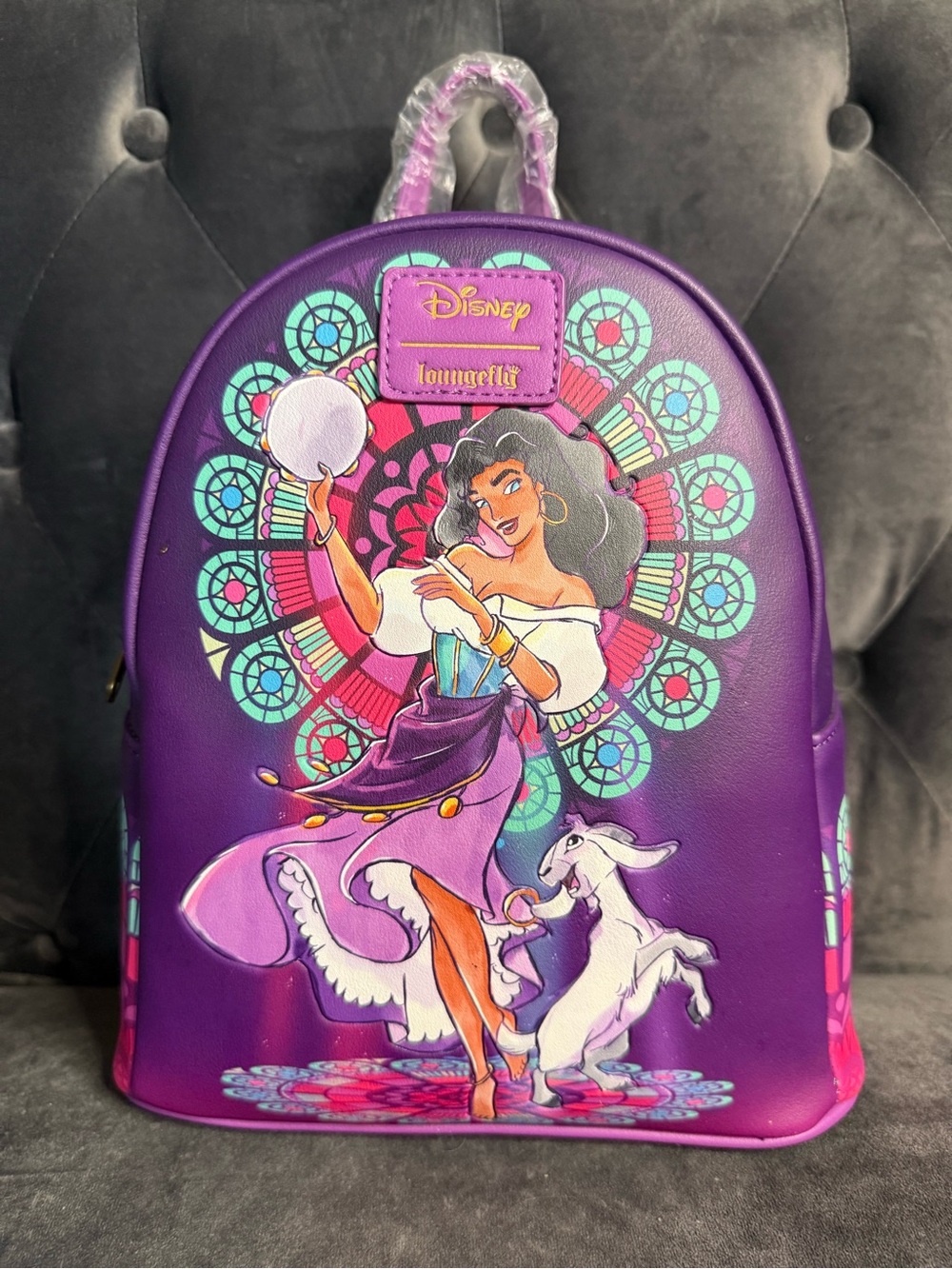 Loungefly Purple Esmeralda Character Mini Backpack with Stained Glass Motif